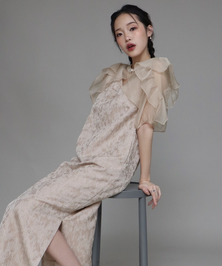 【SALE】日本製 ジャガードワンピース＋オーガンジーボレロセット
