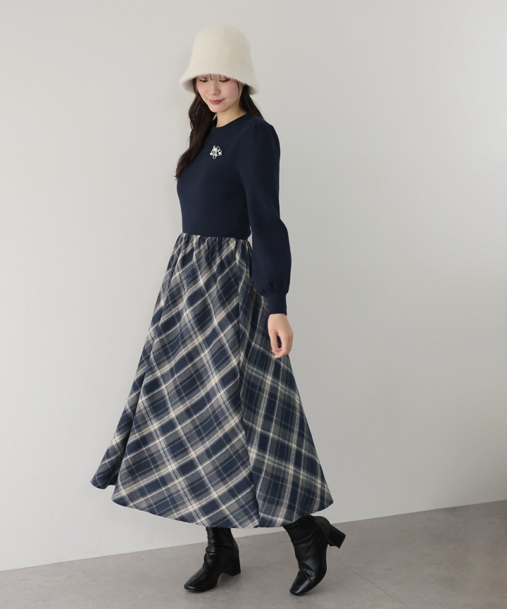 【TIME SALE】チェックドッキングニットワンピース