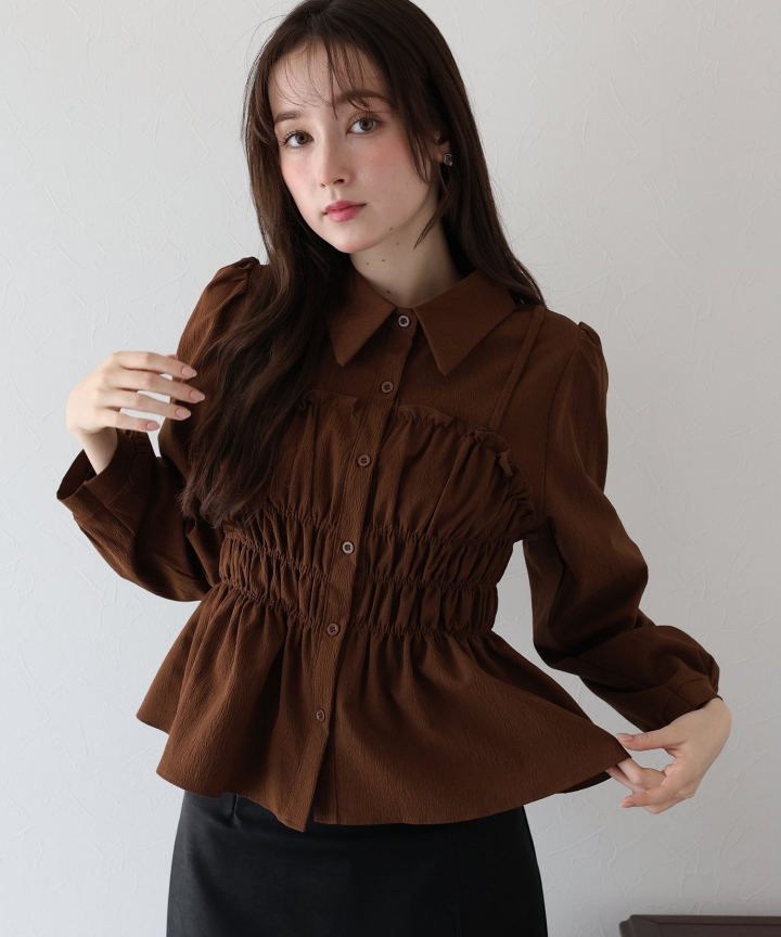 【TIME SALE】シャーリングビスチェレイヤードシャツ 【TIME SALE】シャーリングビスチェレイヤードシャツ