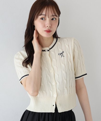 【SALE】リボン刺繍ケーブルカーディガン