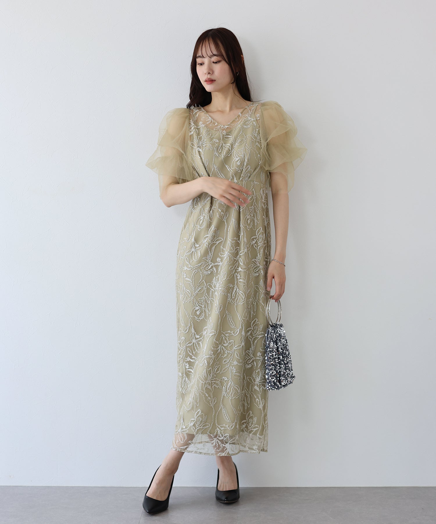 【TIME SALE】刺繍チュールIラインパーティードレス
