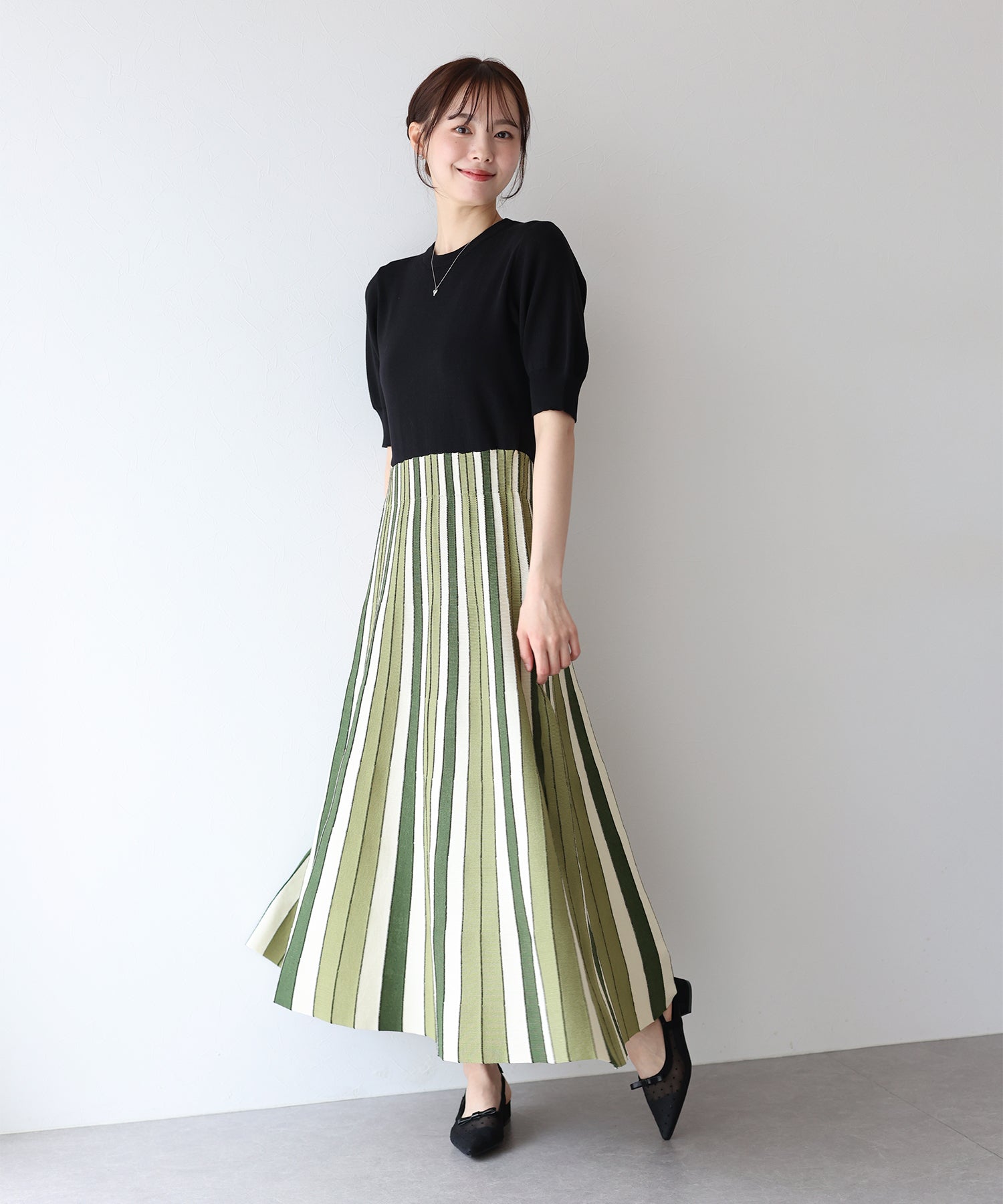 【SALE】配色ストライプニットスカートドッキングワンピース