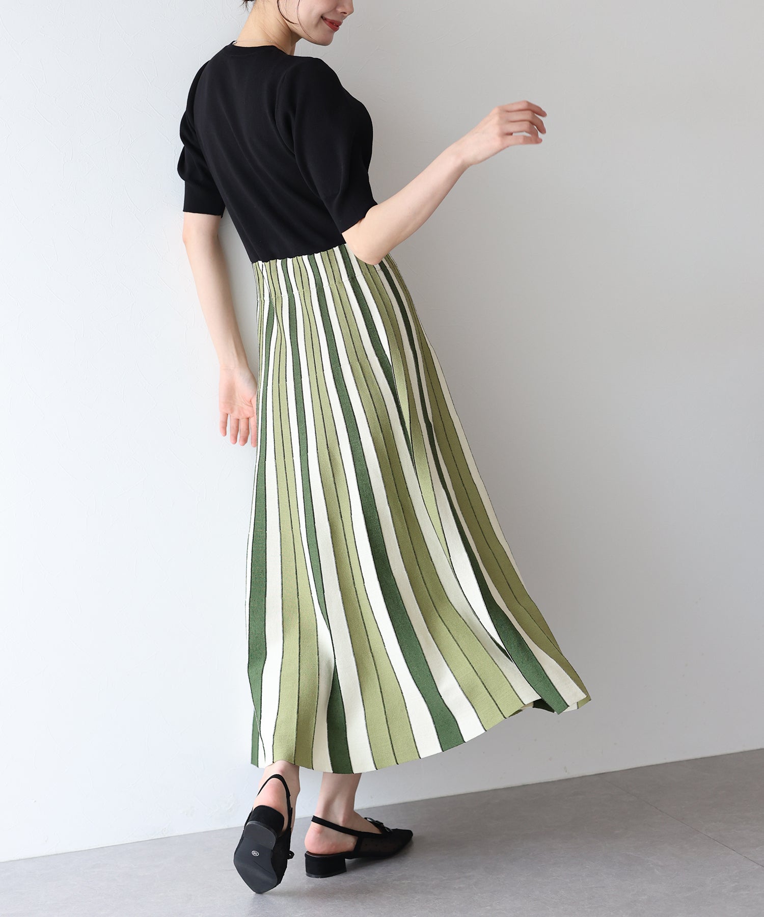 【SALE】配色ストライプニットスカートドッキングワンピース