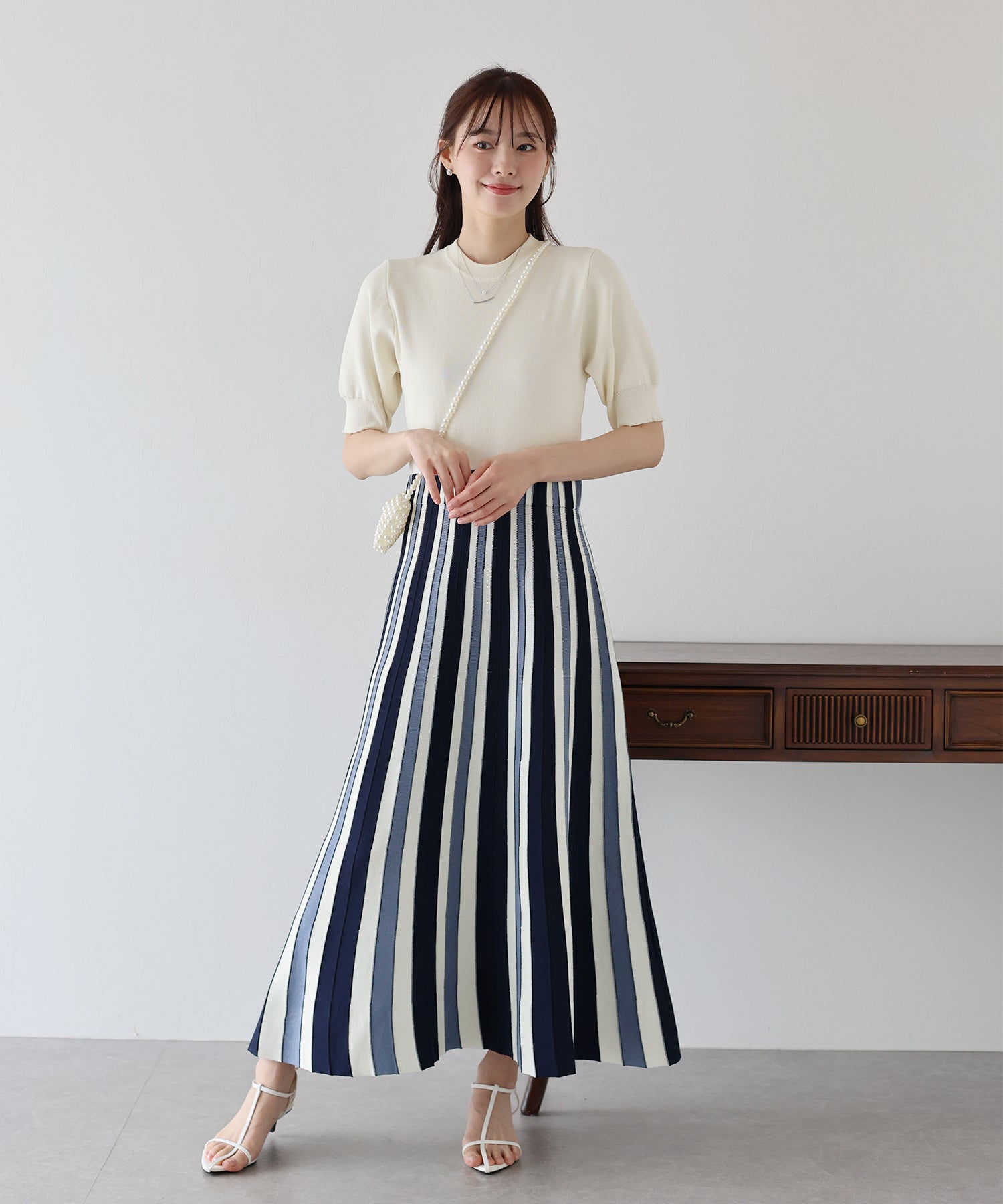 【SALE】配色ストライプニットスカートドッキングワンピース