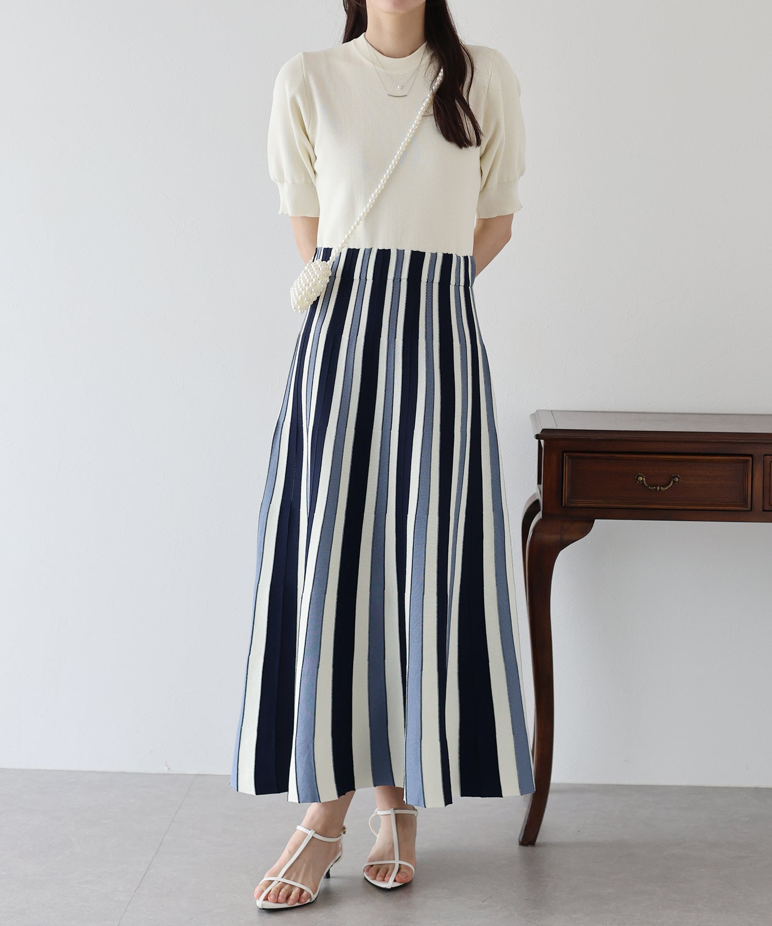 【SALE】配色ストライプニットスカートドッキングワンピース