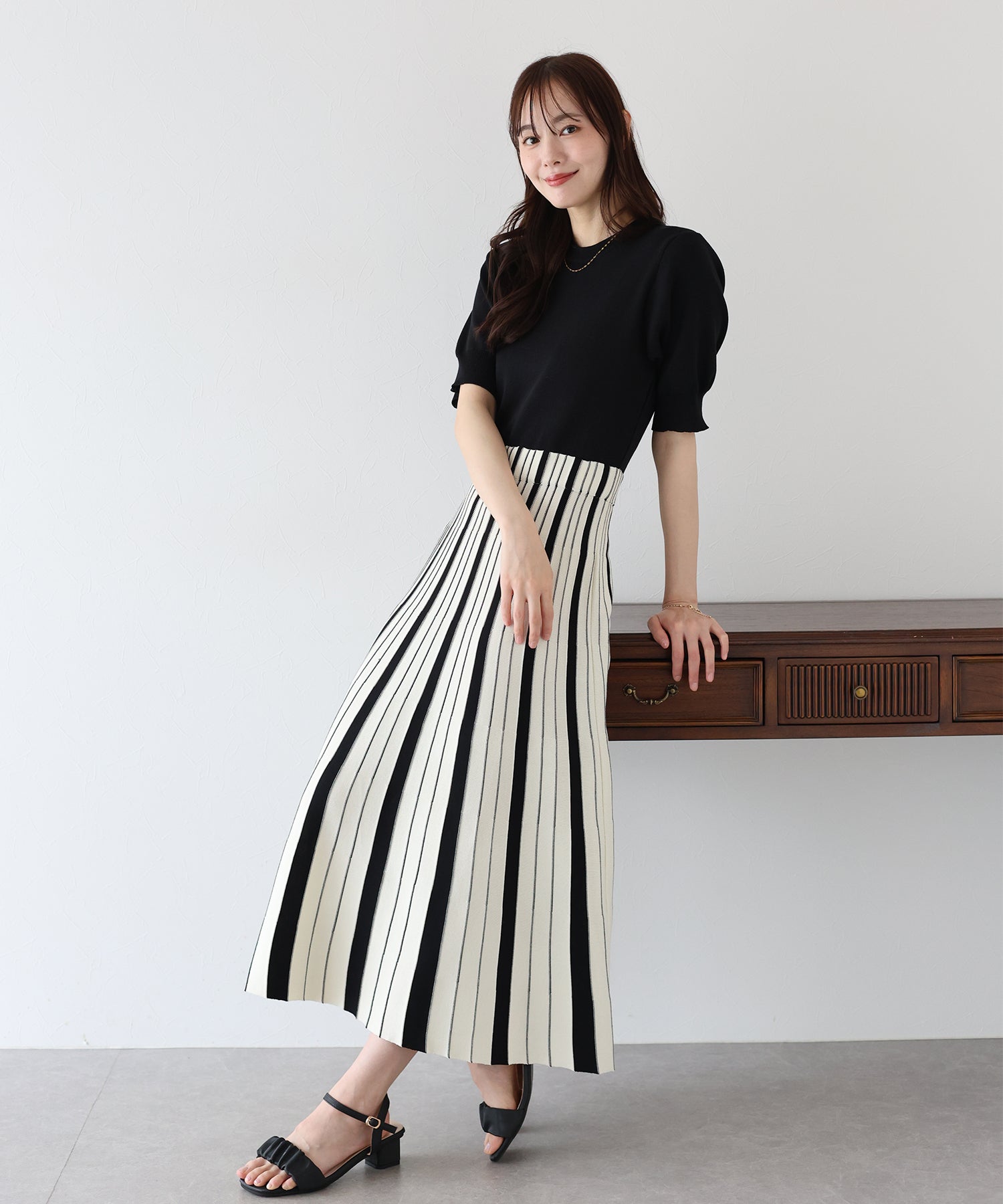 【SALE】配色ストライプニットスカートドッキングワンピース