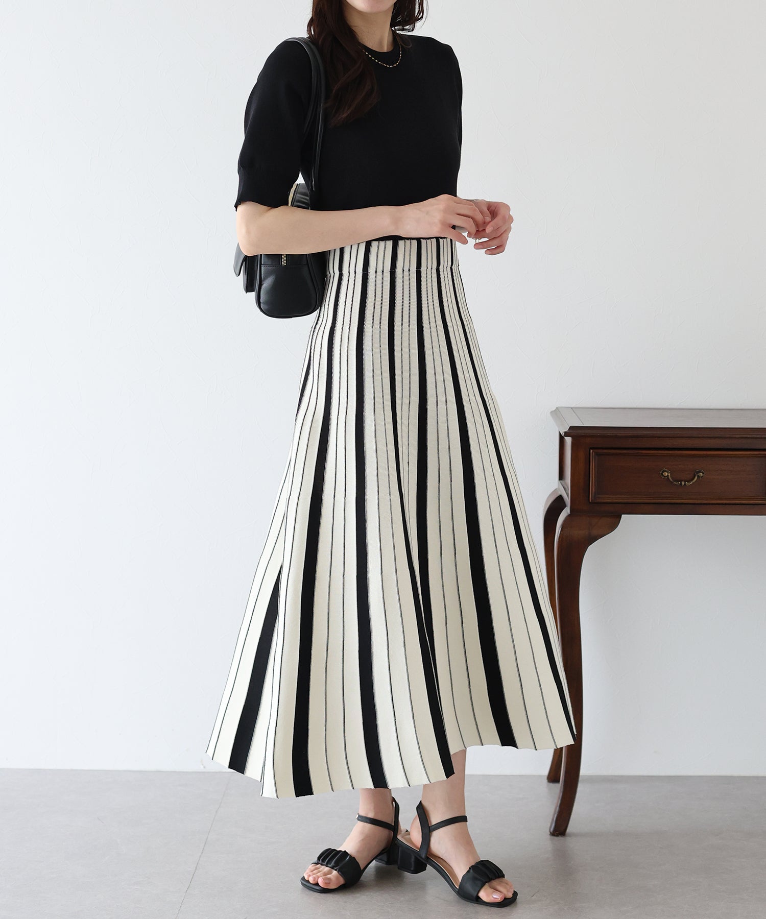 【SALE】配色ストライプニットスカートドッキングワンピース